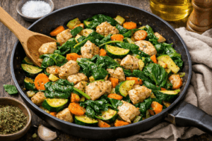 Hähnchen-Gemüse-Pfanne mit Spinat